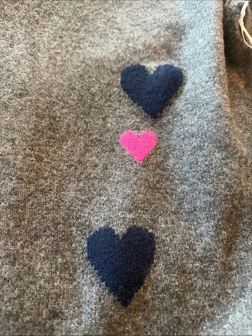 CeCe Heather Gray Crewneck Sweater with Pink & Navy Heart Motifs - Picture 7 of 7